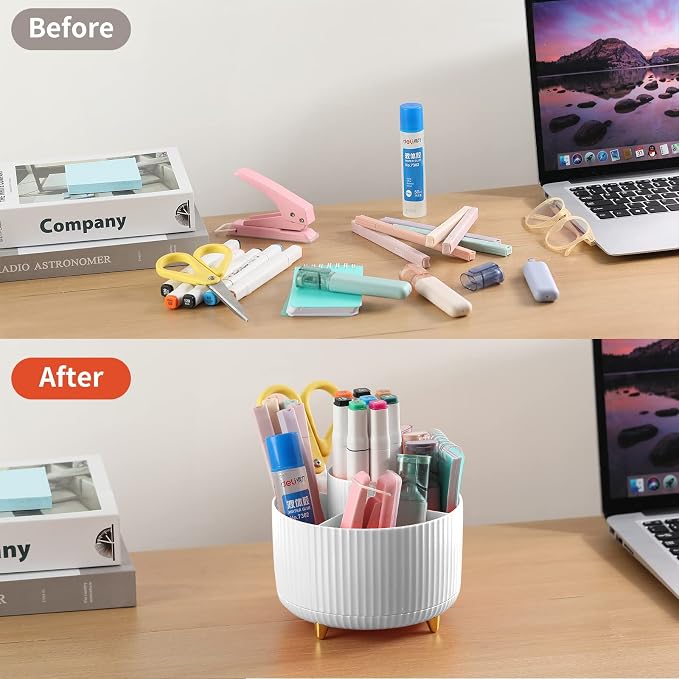Desk Pencil Pen Holder, 5 Slots 360°Degree Rotating Pen Organizers for Desk, Desktop Storage Stationery Supplies Organizer, Cute Pencil Cup Pot for Office, School, Home, Art Supply, White