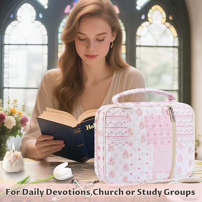 shirabags Quilted Bible Cover Case for Women - Elegant Cotton Bible Bag for Study, Church, Christian Gifts for Women (Pink Bow Patchwork, L)