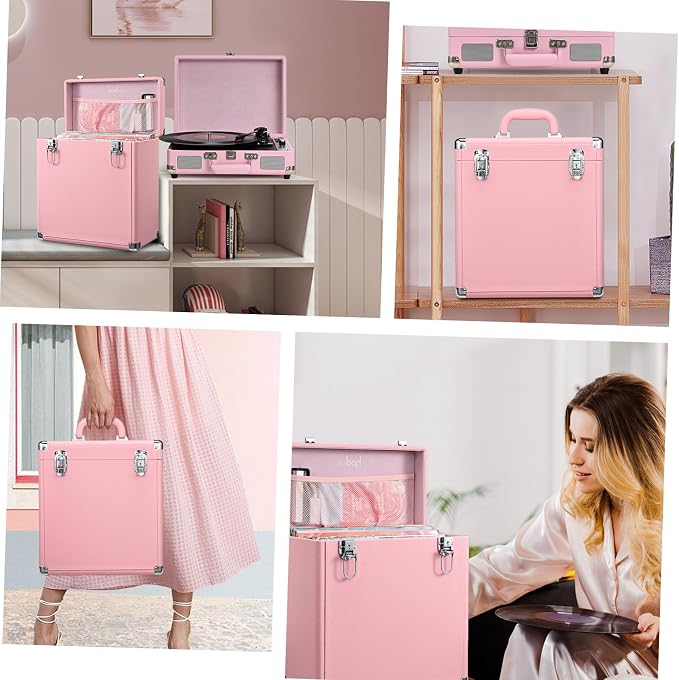 Hododou Vinyl Record Storage Box with Lock Record Organizer Storage for 30+ Single Records 12-inch Water Resistant Collapsible Storage Crate with Handle Mesh Pouch for Valuable Album Collection Pink