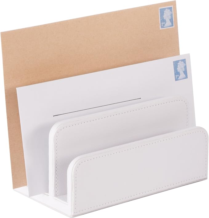 OSCO Faux Leather Mail Sorter & Envelope Organiser – Desk File Storage Stand with Display Slots – Modern Letter Holder Tray Minimalist Home & Office – White