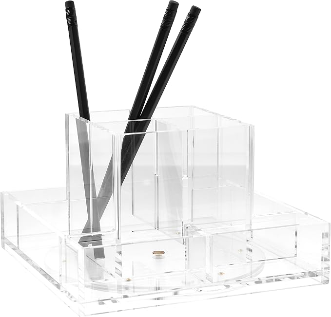 RUSSELL+HAZEL Acrylic Carousel and Pencil Bloc Four Compartment Pen Cup, Office Supplies, Clear, 7” x 7” x 4.25" (93919)