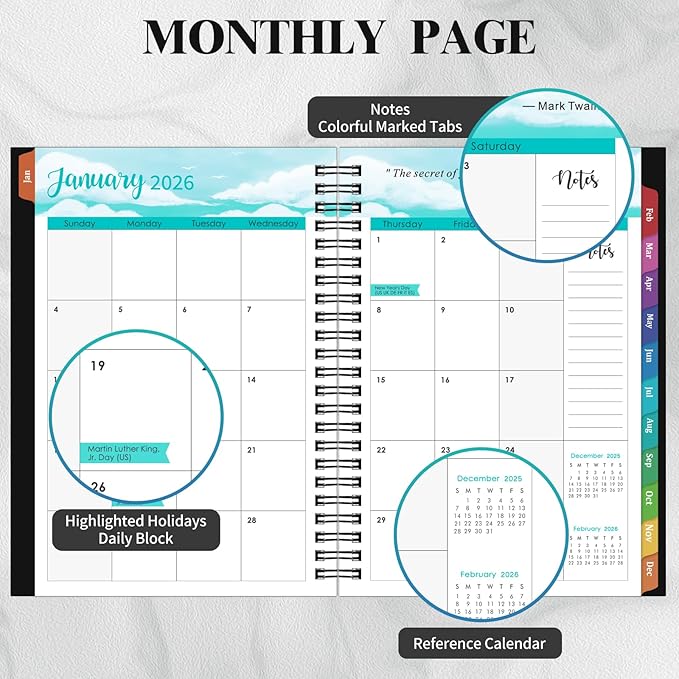 2026 Planner- Planner 2026 Weekly and Monthly, Jan.2026 - Dec.2026, 6.3"×8.4", Weekly & Monthly Planner 2026, Colorful Tabs, Twin-wire Binding, Back Pocket - Black
