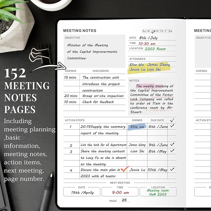 JUBTIC Meeting Notebook for Work with Action Items, Project Planner Work Planner for Office & Business Taking Notes, Agenda Organizer Supplies for Men & Women,160 Pages (8.5”x11”) - Black