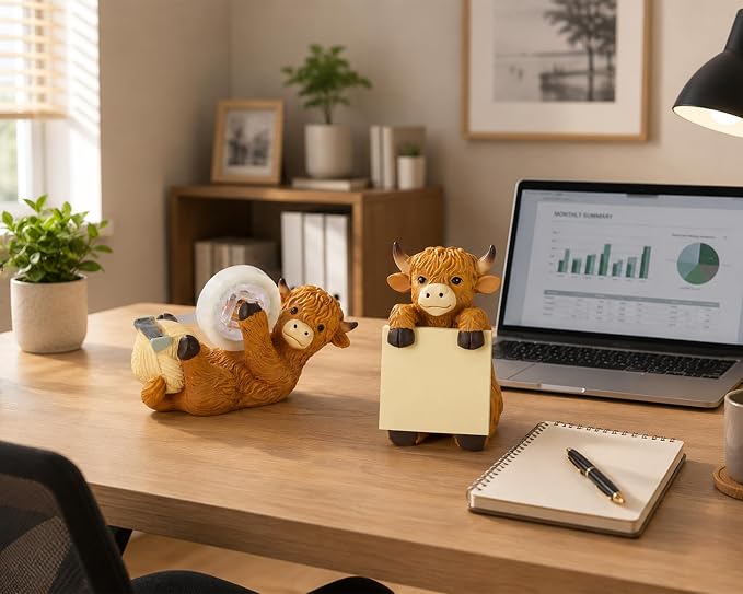 Highland Cow Pop-Up Sticky Note Dispenser with 100 Sheets 3 x 3 Inch Notes, Handmade Resin Highland Cow Desk Decor for Office, Home & Classroom, Gift for Teachers & Coworkers - Brown