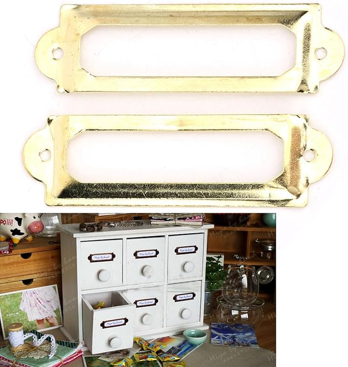 20PCS Metal Drawer Label Holders, Retro Exquisite File Cabinet Label Frames Card Tag Label Holder with Screws for Office Drawers Shelves (Yellow)