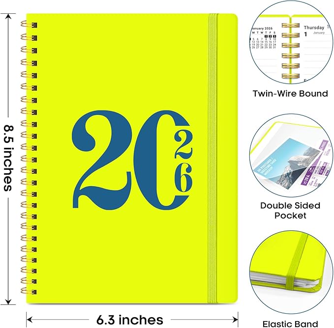 2026 Planner, Weekly and Monthly Calender Planner, Jan 2026 to Dec 2026, Hardcover 2026 Calendar Book with Tabs & Inner Pocket, Office Home School Supplies for Women & Men - A5 (6.3" x 8.5"), Lemon Yellow