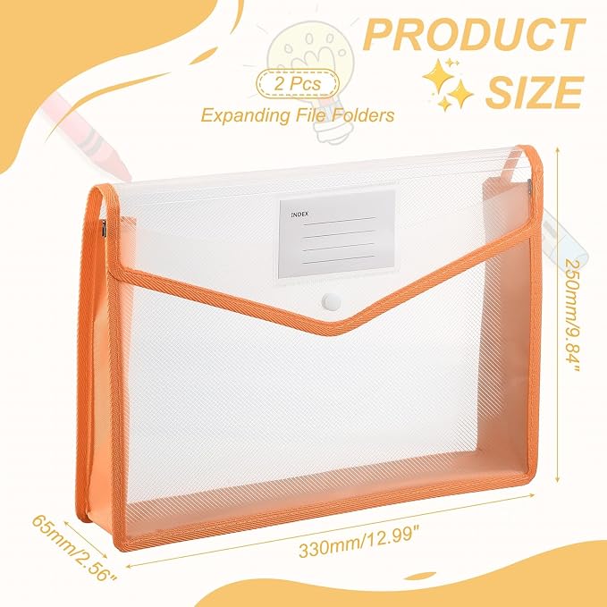 PATIKIL Plastic Expanding File Folders, 2 Pack A4 File Folder Envelopes Letter Size Document Organizer Supplies with Snap Closure for Classroom Office, Orange, Horizontal