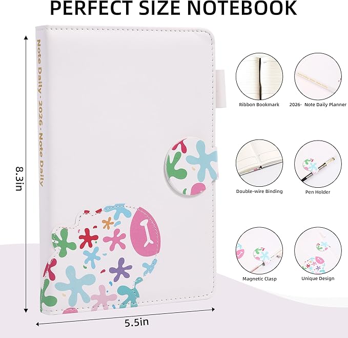 2026 Year Planner Magnetic Buckle Hardcover Weekly and Monthly Calendar Planner 12 Month 5.5" x 8.3" Soft Leather Bound Cute Planner Goal Habit Tracker Organizer Planning Book with Tabs ,Daily Schedule School Office Schedule for Women Men（White）