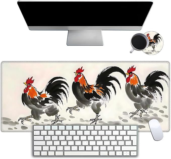 Mouse Pad Gaming Mousepad 31.5x11.8 Inch XXL Large + Coasters,Desk Mat with Stitched Edges, Non-Slip Rubber Base, Thick Mouse Pad for Computer, Laptop, Office & Home - Watercolor Chicken