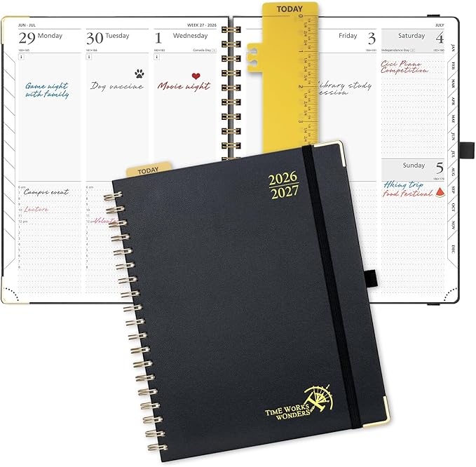 POPRUN 2026-2027 Academic Year Weekly and Monthly Planner Calendar,Jul 2026 - Jun 2027，10" x 8"， Daily Agenda Book & Appointment Book with Hourly Schedule, Tabs, Hardcover, School and Office Supplies - Black