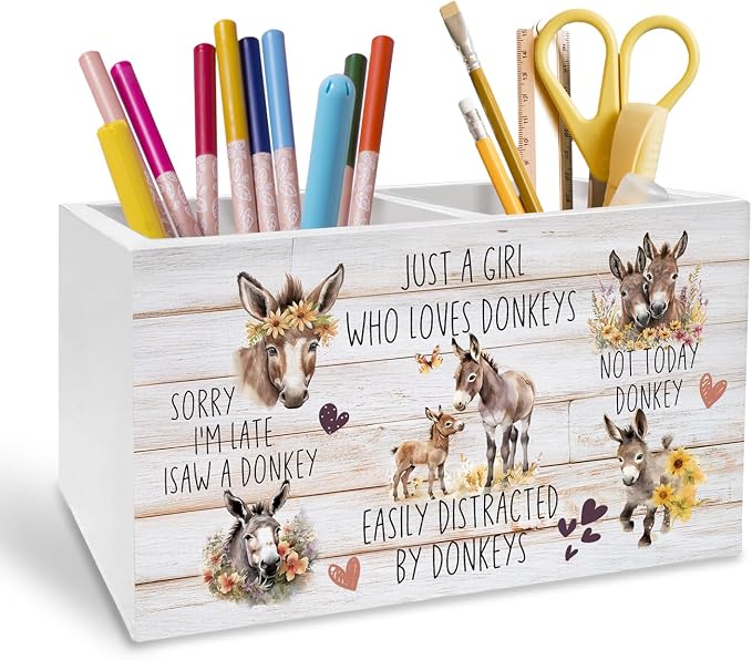 Farmhouse Donkey Pen Holder for Desk, Donkey Lovers Gifts Pencil Organizer, Rustic Floral Farm Animal Wooden Box Sign Desk Decor for Farmhouse Home Office Decoration