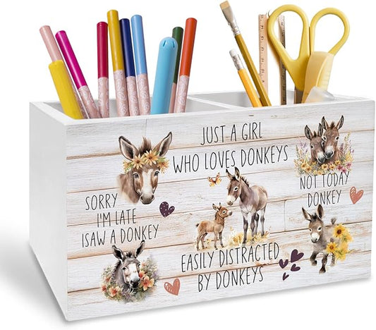 Farmhouse Donkey Pen Holder for Desk, Donkey Lovers Gifts Pencil Organizer, Rustic Floral Farm Animal Wooden Box Sign Desk Decor for Farmhouse Home Office Decoration
