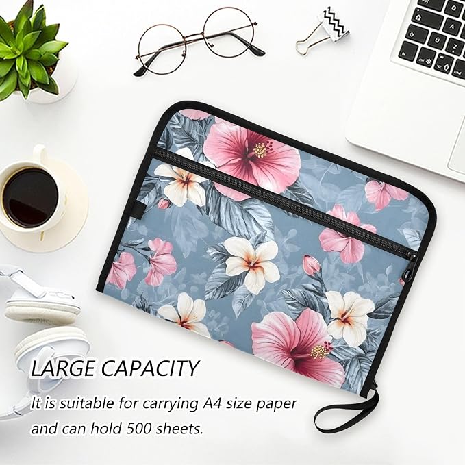 Expanding File Folder Pink Hibiscus Flower Accordion File Organizer 13 Pockets Document Organizer with Zipper Labels A4 Letter Office Storage