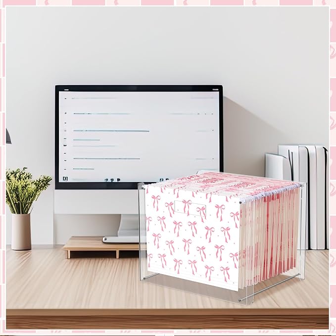 Dispowreath 24 Hanging File Folder with Acrylic Organizer for Letter/a4 Size Desktop Clear File Storage Box with Handles for Home Work Office Use(Pink,Bow)