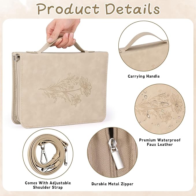 19PCS Floral Khaki Leather Bible Cover for Women Bible Cover Cases for Teen Girls Christmas Gift Christian Bags Journaling Kit with Shoulder Strap Highlighter Pens & Book Marker 10.47 * 7.48 * 2.17in