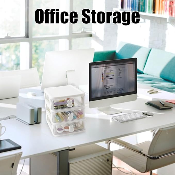 CEYAZYE Desk Organizer with Drawer, Stackable Makeup Organizer White, Small Plastic Storage Box for Desktop, Bathroom Counter or Dresser, School, Home, Office (4 Tier)