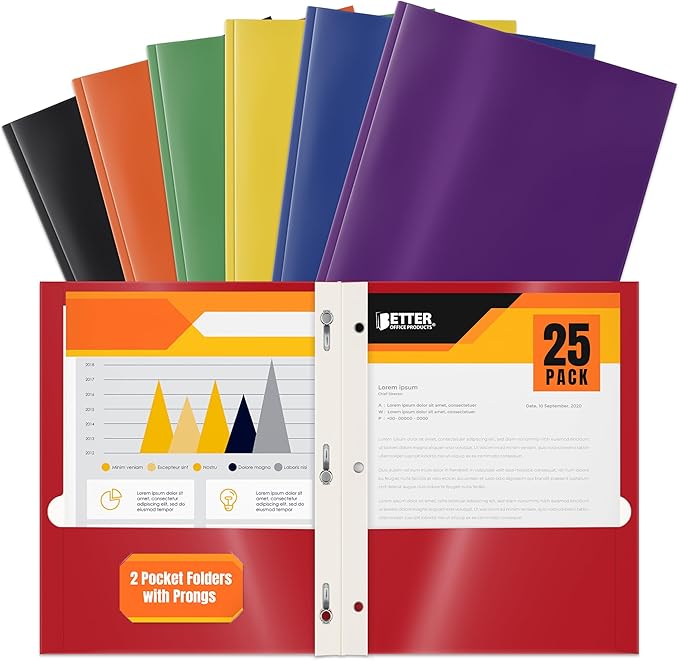 Better Office Products 2 Pocket Glossy Laminated Paper Folders with Prongs, Assorted Colors, Letter Size, Paper Portfolios with 3 Metal Prong Fasteners, Box of 25