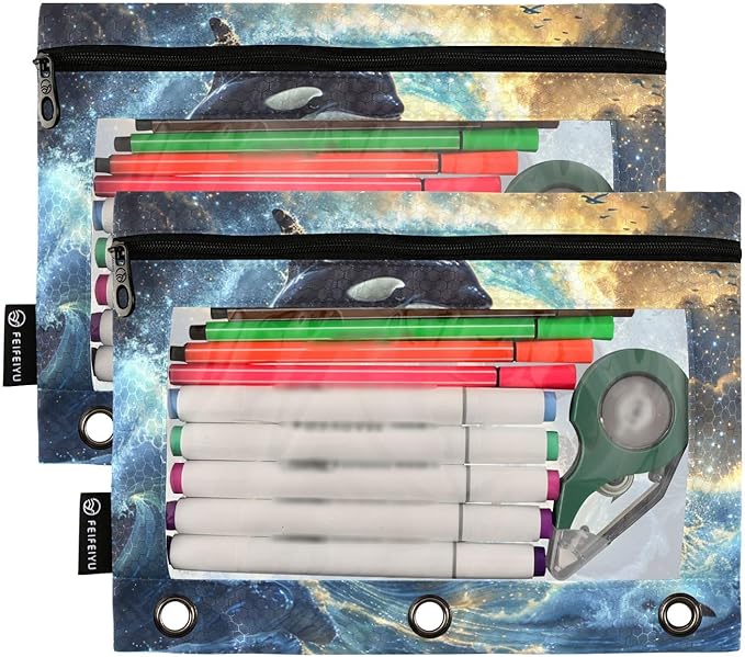 2 Pack 3 Ring Binder Pencil Pouch Dolphin Pencil Case Pencil Bags with Zipper, Clear PVC Binder Pockets for Office Daily Supplies