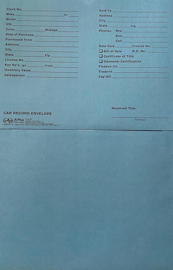 A Plus Car Record Envelope #19 Vehicle Dealer Jackets, 100 Quantity, Blue (P15)