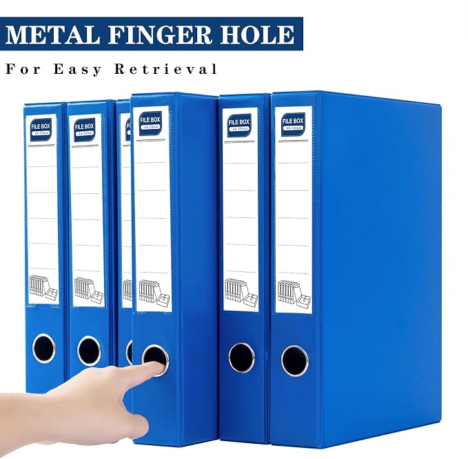 Storage File Boxes 6 Pack, Foldable File Boxes with Lid, 50mm Spine, Archives Cases with Magnetic Closure & Clip, Plastic Document File Folder Paper Storage Organizer, Blue