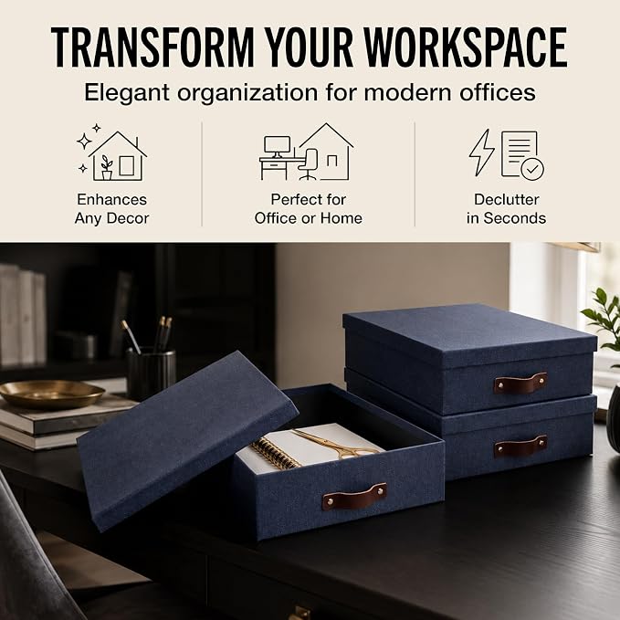 Bigso Oskar Canvas Fiberboard Document Letter Box - File Organizer Box for Important Paperwork - Document Storage with a Lid & Leather Handle - 3.3 in x 10.2 in x 13.8 in - Blue