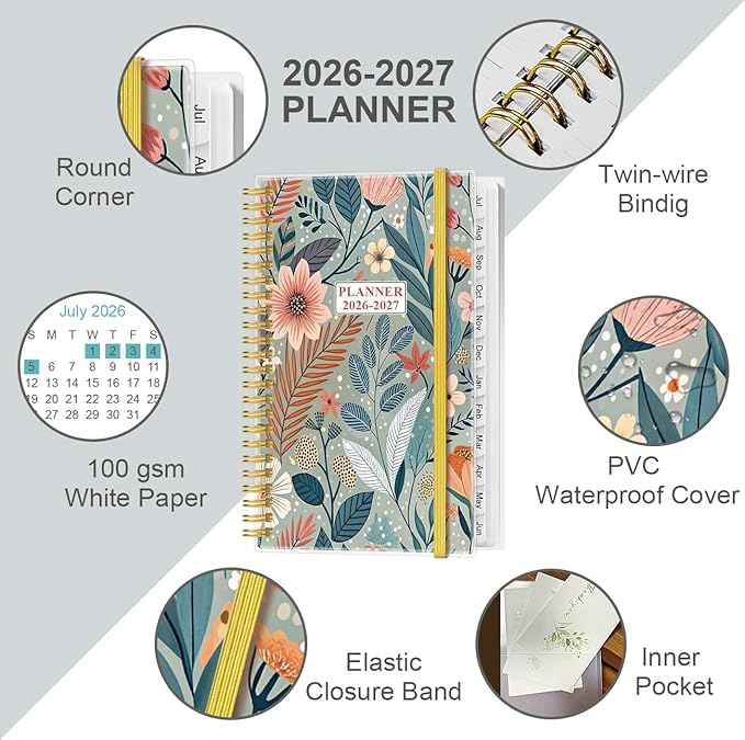 2026-2027 Pocket Planner/Calendar - 2026-2027 Planner from July 2026 - June 2027, Planner 26-27 with 12 Tabs, Twin-Wire Binding, Inner Pocket, 3.75" x 6.75", Flower-A