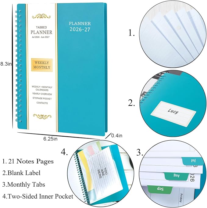 Planner 2026-2027 - Weekly & Monthly Planner, Jul 2026-Jun 2027, Academic Planner 26-27, 6.4"×8.5", Tabs, Thick Paper, Twin-Wire Binding, Back Pocket, Inspirational Quotes for Office Home School