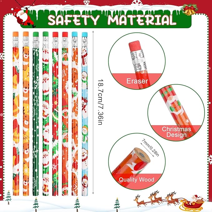 SULOLI 64 Pcs Christmas Pencils with Eraser, Xmas Themed Pencil with Santa Claus, Elk, Christmas Tree and Snowflake for Children Christmas Party Supplies(8 Styles)