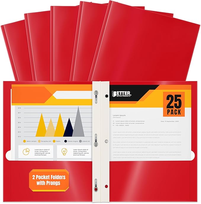 Better Office Products 2 Pocket Glossy RED Paper Folders with Prongs, 25 Pack, Letter Size, High Gloss Red Paper Portfolios with 3 Metal Prong Fasteners, Box of 25