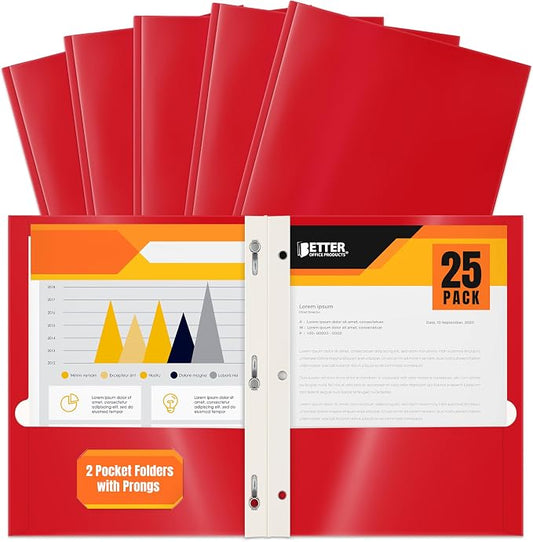 Better Office Products 2 Pocket Glossy RED Paper Folders with Prongs, 25 Pack, Letter Size, High Gloss Red Paper Portfolios with 3 Metal Prong Fasteners, Box of 25