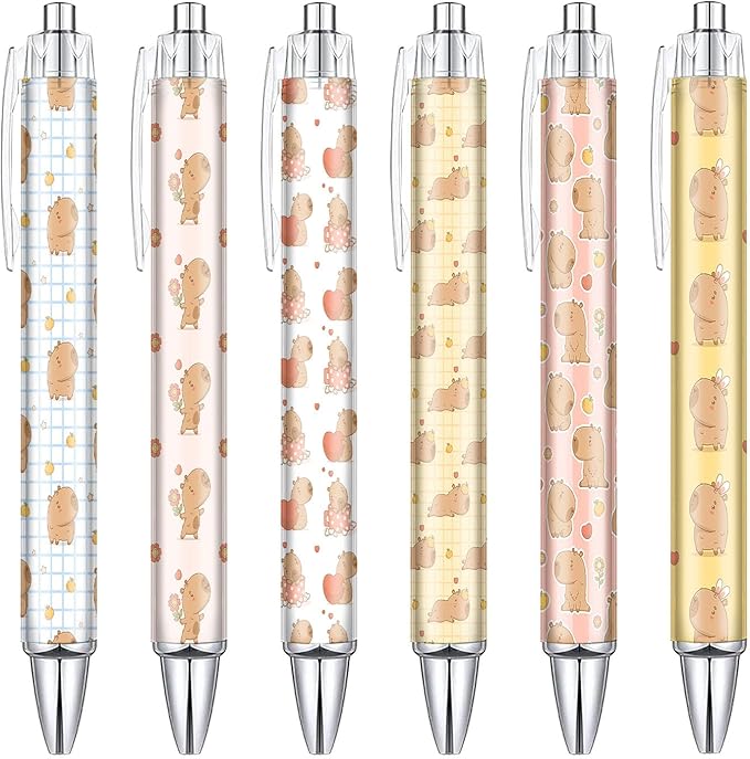 6PCS Capibara Pattern Pens Set, Capibara Reusable Writing Pens, Cute Accessories Items Stationary, Perfect for School, Office Supplies, Party gifts, Theme Notebooks, Sticky Notes, Desk Accessories