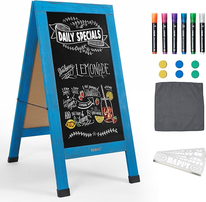 Large Sandwich A-Frame Chalkboard Sign - 40 x 20 Inches Blue Magnetic Wooden Chalk Board for Sidewalk, Stand up Double-Sided Outdoor Easel Display for Restaurant Cafe Shop Wedding Party or Business