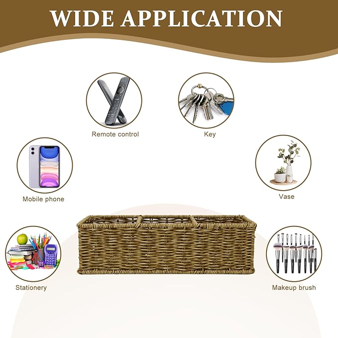Remote Control Holder,Tv Remote Storage Basket,Handwoven Wicker Basket with 3 Compartments,Desk Caddy,Cosmetic & Night Stand Storage Box,Table Organizer for Office Supplies,Makeup Brush Holder
