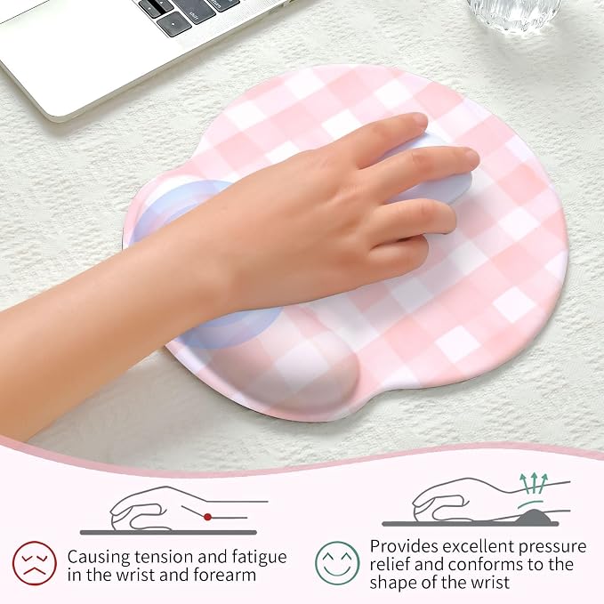 Retro Checkered Mouse Pad with Support Wrist Rest,Cute Funny Boho Ergonomic Mouse Pad with Non-Slip Base for Office Gaming Working Computers,Desk Accessories Pain Relief,Pink