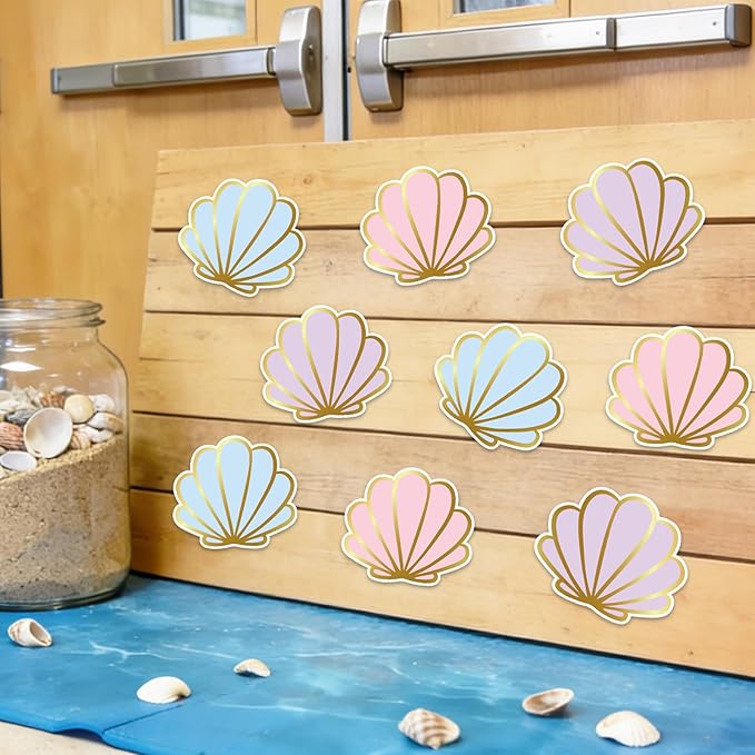 Whaline 48Pcs Seashell Cutouts Paper Cutting Pastel Pink Purple Blue Shell Cut-Outs with Gold Edge for Summer Sea Beach Party Supplies DIY Crafts