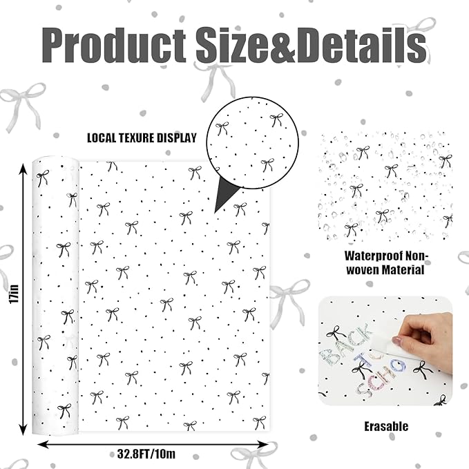 FYSUIMU Bulletin Board Paper - Mini Roll - 17 in x 32.8 Ft White Black Bow Dot Backdrop Decor for Home Office Classroom Party DIY Crafts Supplies