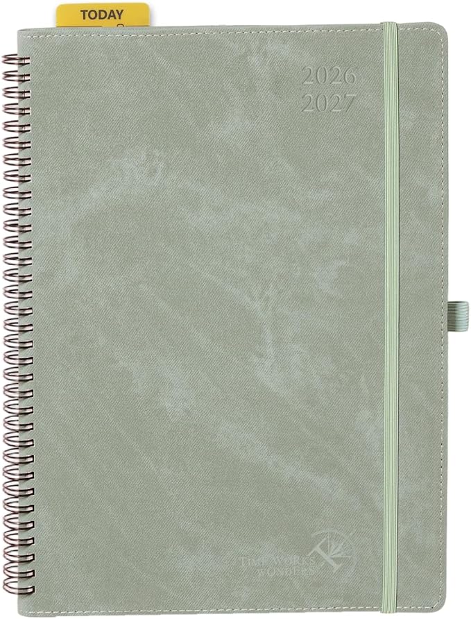 POPRUN 2026-2027 Academic Weekly Planner, Large Size 8.25" x 11.75", July 2026 to June 2027, Spiral Bound Calendar with Vertical Layout, Hourly Time Slots, PU Leather Softcover, Inner pocket - Olive Green