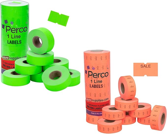 Perco 1 Line Fluorescent Green Labels - 1 Sleeve, 8,000 Blank Pricing Labels Bundled w Perco Sale Labels for Perco 1 Line Labeler Gun, Fluorescent Red - 1 Sleeve, 8,000 Labels
