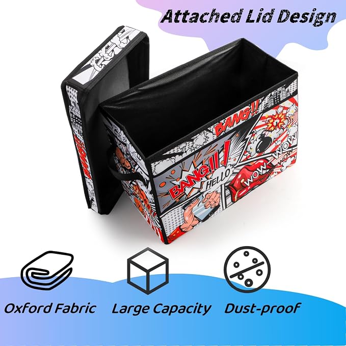 Comic Book Storage Box, 15.3" x 7.8" x 11.8" Large Comic Book Case, Oxford Fabric Organizer, Collapsible Storage Bin with Lid and Handles for Books Magazines Collections, Cartoon Colorful