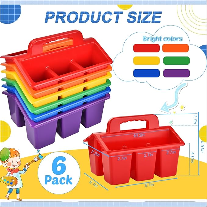 Haundry Classroom Caddy Storage Basket with Handle, 6 Pack Plastic Arts Office Crafts Caddy 4 Compartments for Kids, Pencil, Crayon, Marker, School Supplies, 6 Colors