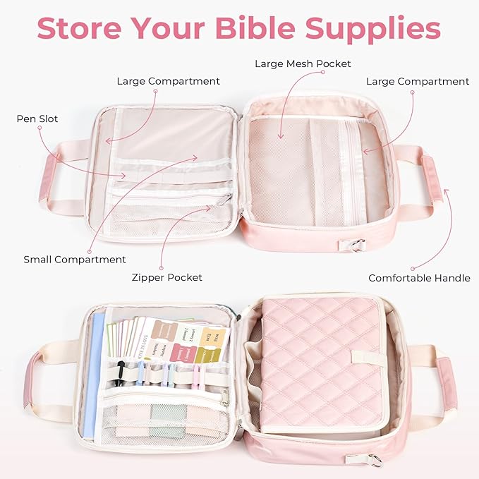 Nicpro Large Bible Bag with Bible Cover Case for Women, Church Bag with Shoulder Strap,Quilted Cover for Bible Study Supplies Journaling Kit with Tabs Notes Highlighters Pens Christian Gifts for Women
