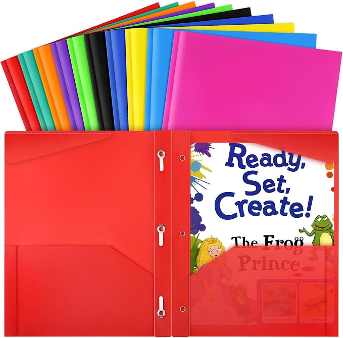 Feosky Plastic Two Pocket Folders with Prongs, Heavy Duty Folders with 2 Pockets and 3 prongs, File Folders with 3 Metal Prong Fasteners, Letter Size, for School, Home, and Office (Black)