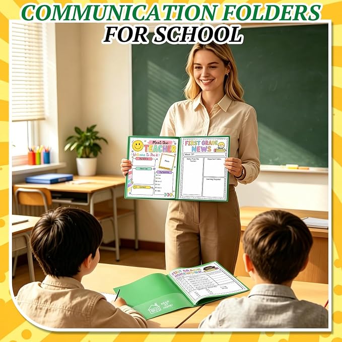 12 Pcs Take Home Folders for Elementary Students,Back to School 2 Pocket Folders with Clear Front Pocket 4 Inner Pockets,Plastic Parent Teacher Communication Folder 11.81 x 9.45 Inch (Green)