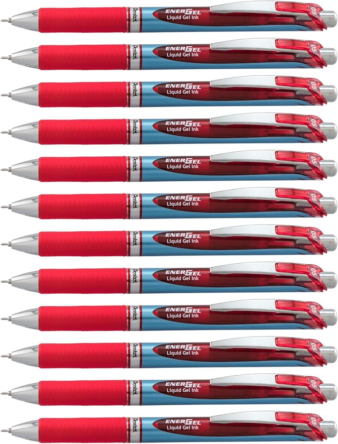 Pentel EnerGel Deluxe RTX Retractable Liquid Gel Pen, Fine Line, Needle Tip, Red Ink, Box of 12 (BLN75-B)