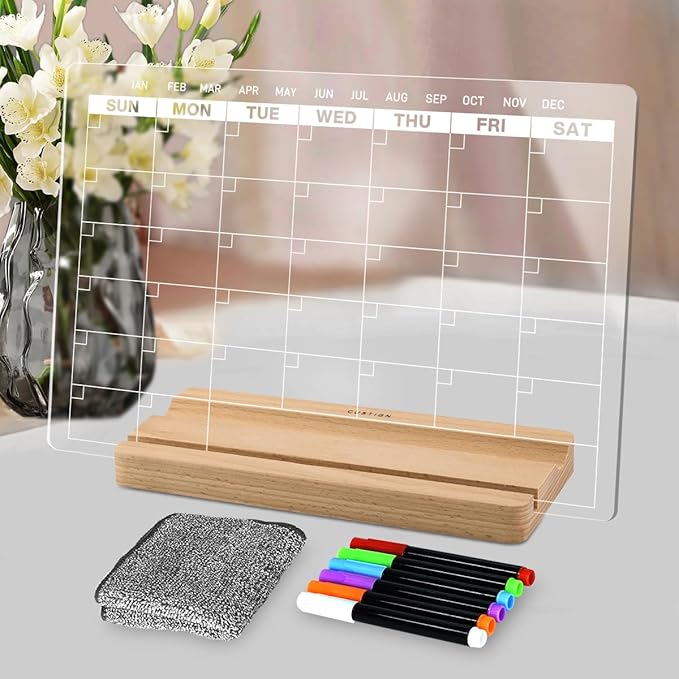 Acrylic Dry Erase Monthly Calendar Board for Desk, 9x13 Transparent Acrylic Whiteboard with Date Grid, Wood Stand, 6 Wet Erase Markers, for Home, Office, School (White Text)