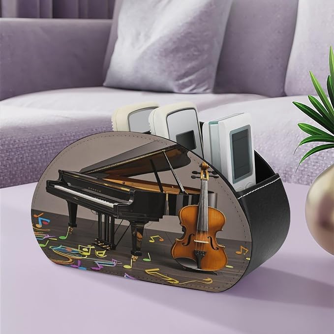 Leather Remote Control Holder with 5 Compartments Piano Violin Music Notes Remote Caddy Desktop Organizer Store TV Remote Holder Remote Organizer for Bedside Table Office Desk