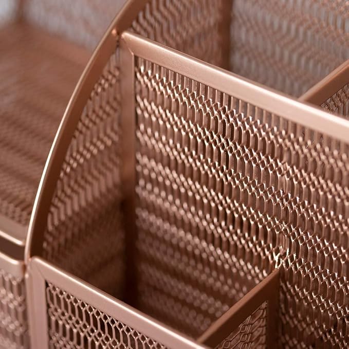 BLU MONACO Rose Gold Mesh Metal Desk Organizer with Drawer – 6 Compartments for Office Supplies & Accessories