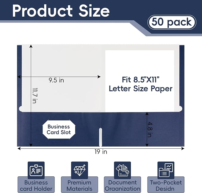 VZCPYTPM 50 Pack Navy Blue Folders with Pockets,2 Pocket File Folders for Letter Size (8.5 x 11 Inch),Professional Design with Business Card Slot for Office and School Organization