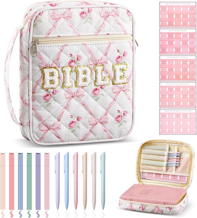 Sinload Quilted Bible Cover Case for Women Large Carrying Bag with Organizer Tabs 6 Colored Pens 6 Highlighters Book Tote Bags with Handle Bible Carry Supplies Christian Gifts(Pink Bow Floral)