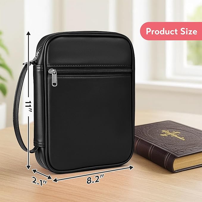Bible Cover with Durable Handle, Carrying Book Case Church Bag Bible, Protective with Zippered Pocket, Bible Study Accessories Supplies, Gift for Mother Lady Women Men(PU Black)